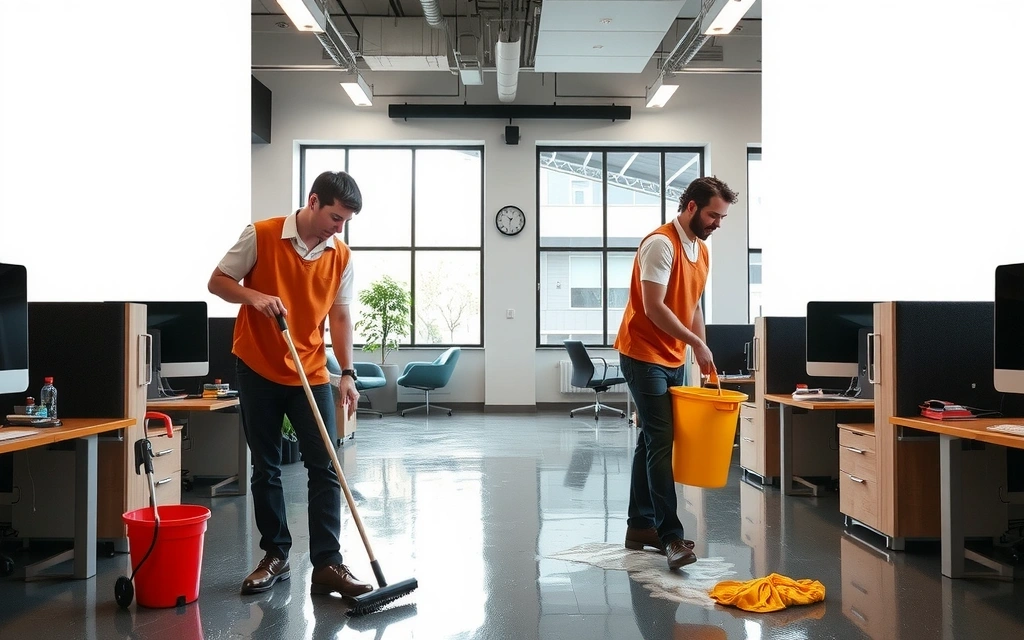 Commercial office cleaning service with professional team cleaning modern office workspace
