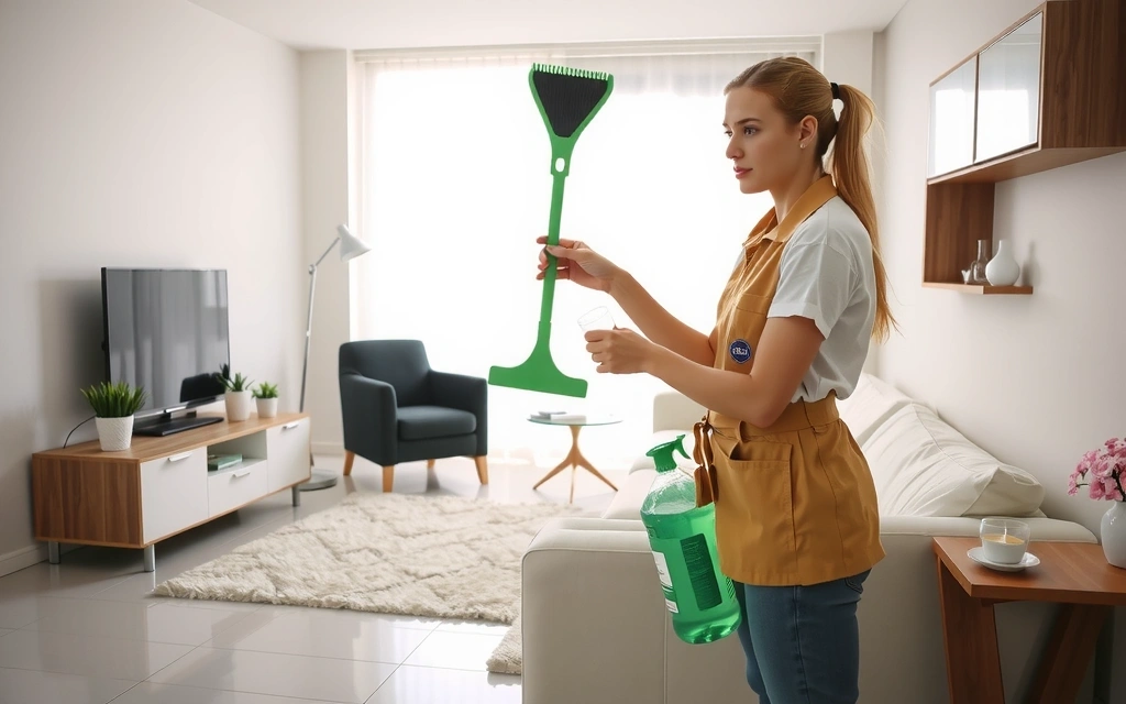 Residential condo cleaning service with professional cleaner working in modern living room